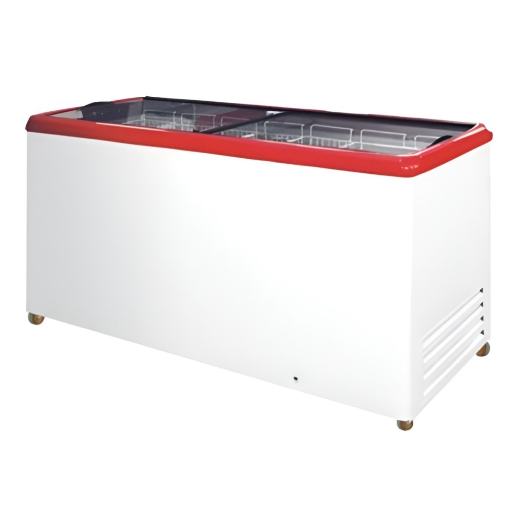Ларь морозильный с прямым стеклом CRYSPI ЛВН 600 П (СF 600 FQ) красный 7 корзин